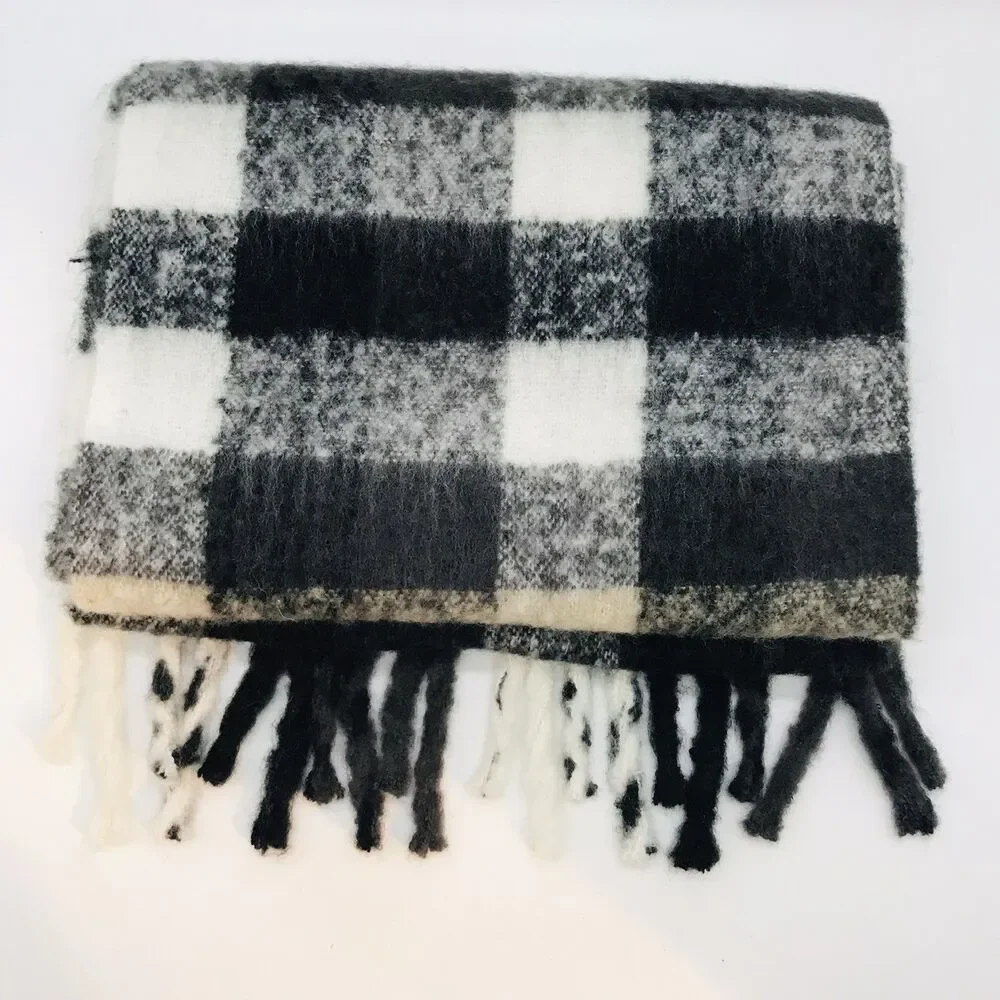 NWT a.n.a. A New Approach SOFT Plaid Scarf Black Gray White 80 inch plus Fringe
